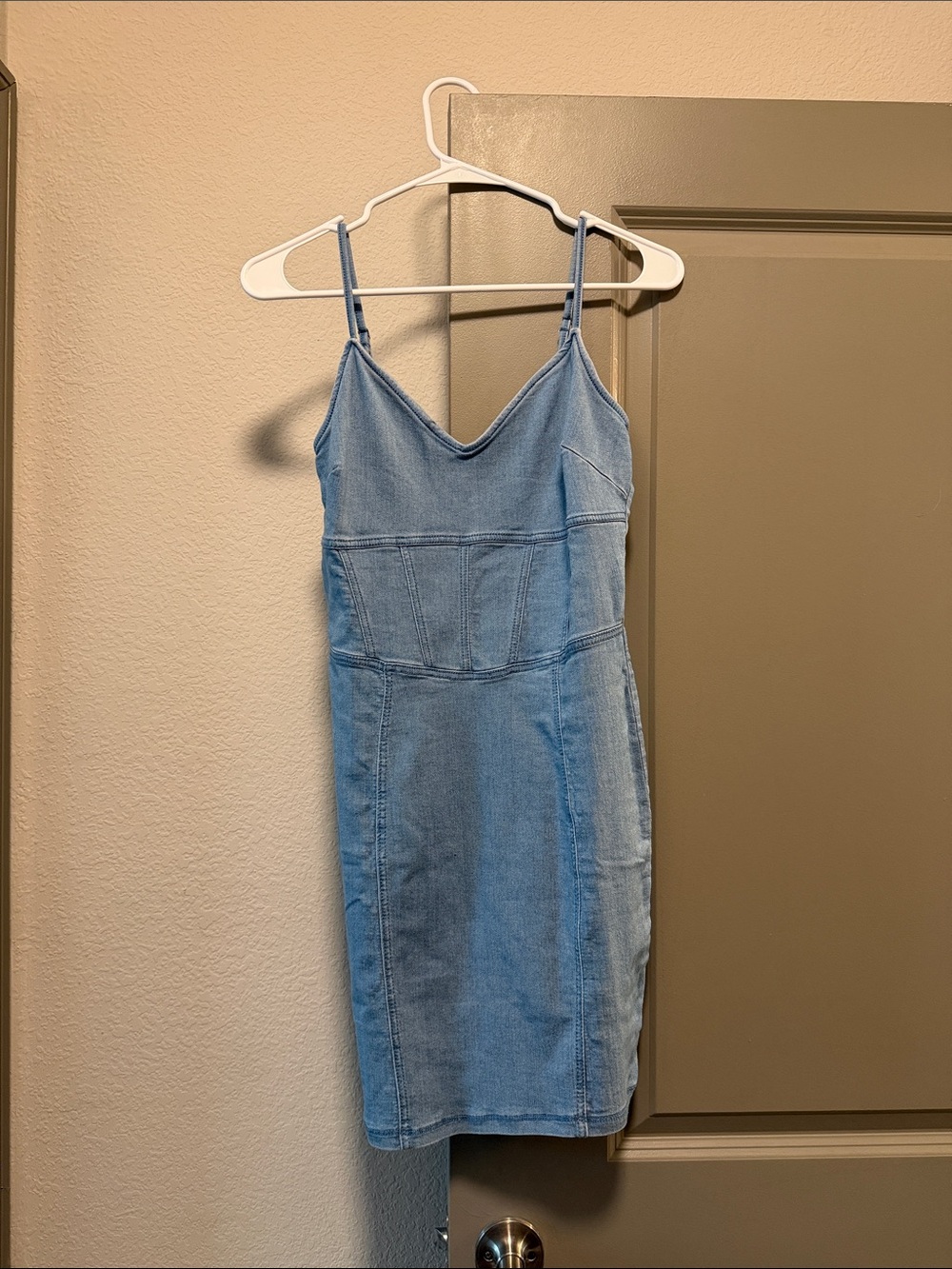 iris Light Blue Denim Slip Mini Dress with Spaghetti Straps